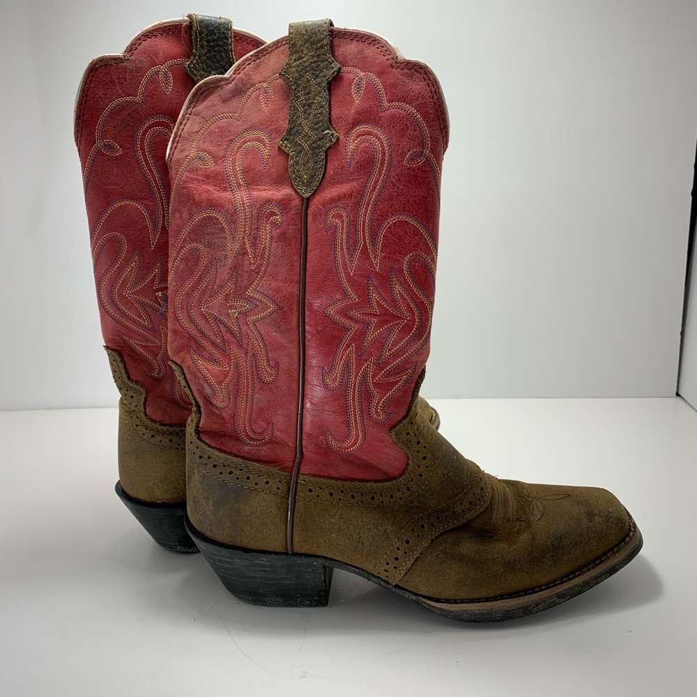 Justin Cowboy Boots 7.5B Square Toe Red Brown - Picture 5 of 7